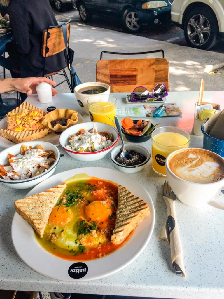 A breakfast spread of Mexican dishes at Peltre, one of the best places to eat in Roma Norte, Mexico city.