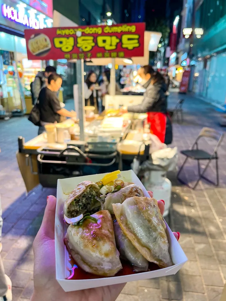 hand holding a paper plate of gyozas at the Myeondong night food market in seoul