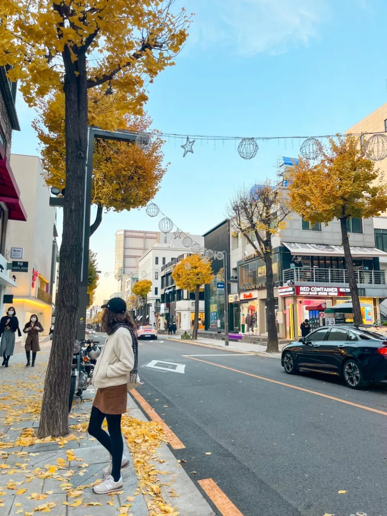 woman standing next to a road in the cute Sinsadong in seoul