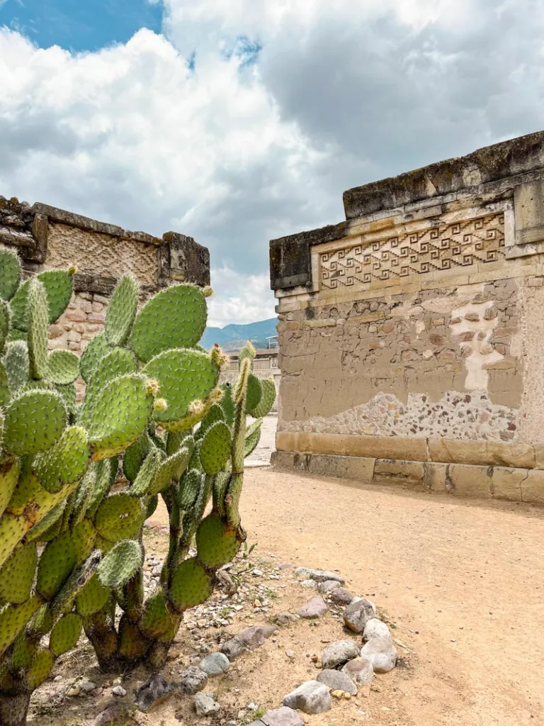 ancient walls with zapotec signs at archeological site mitla in oaxaca