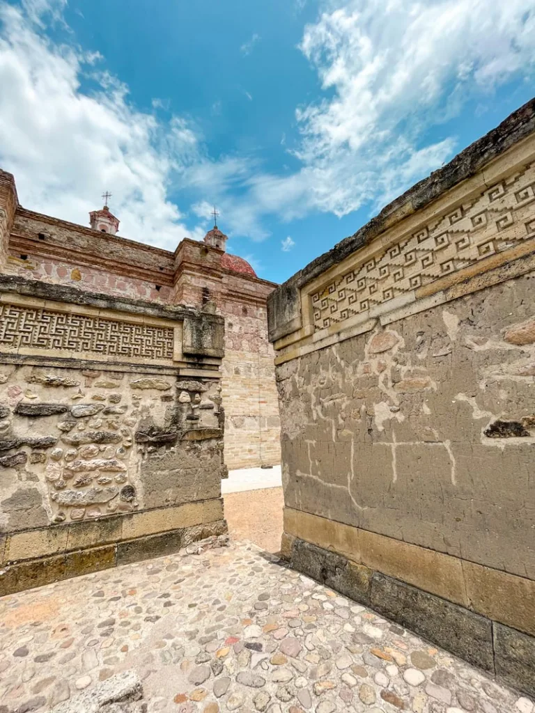 ancient walls with zapotec signs at archeological site mitla in oaxaca