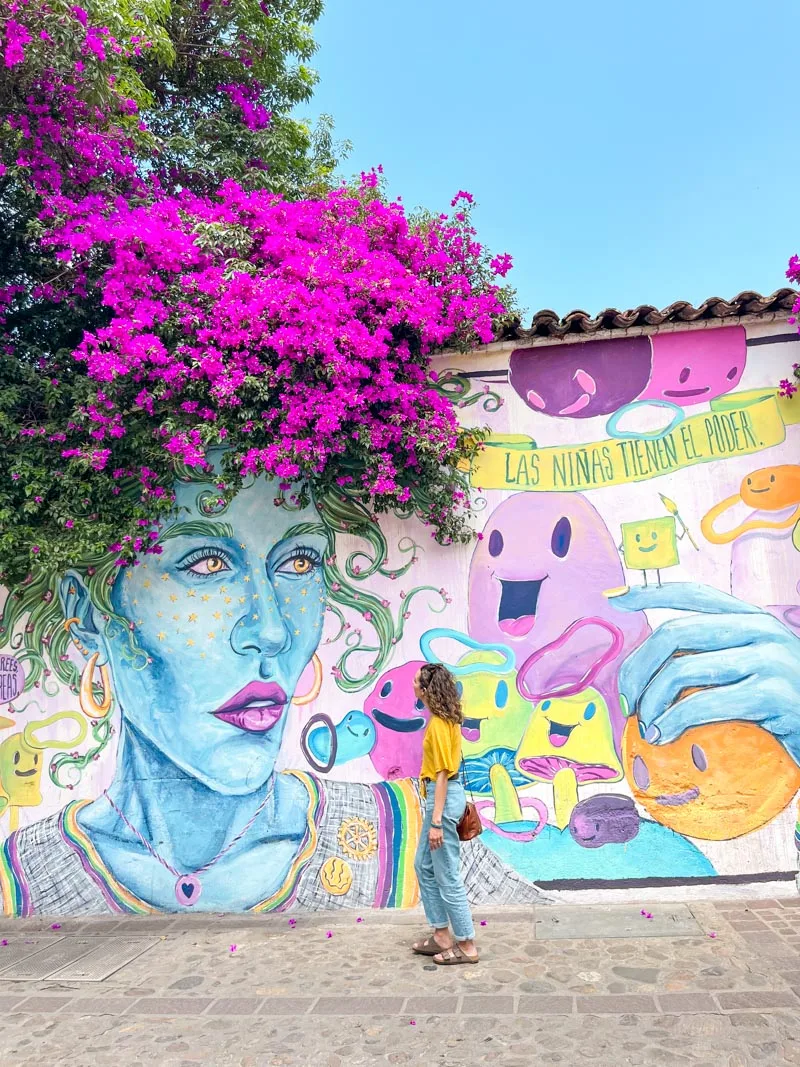 woman standing in front of a colorful mural and bright pink bugambilias peeking over the wall at barrio de jalatlalco in oaxaca city