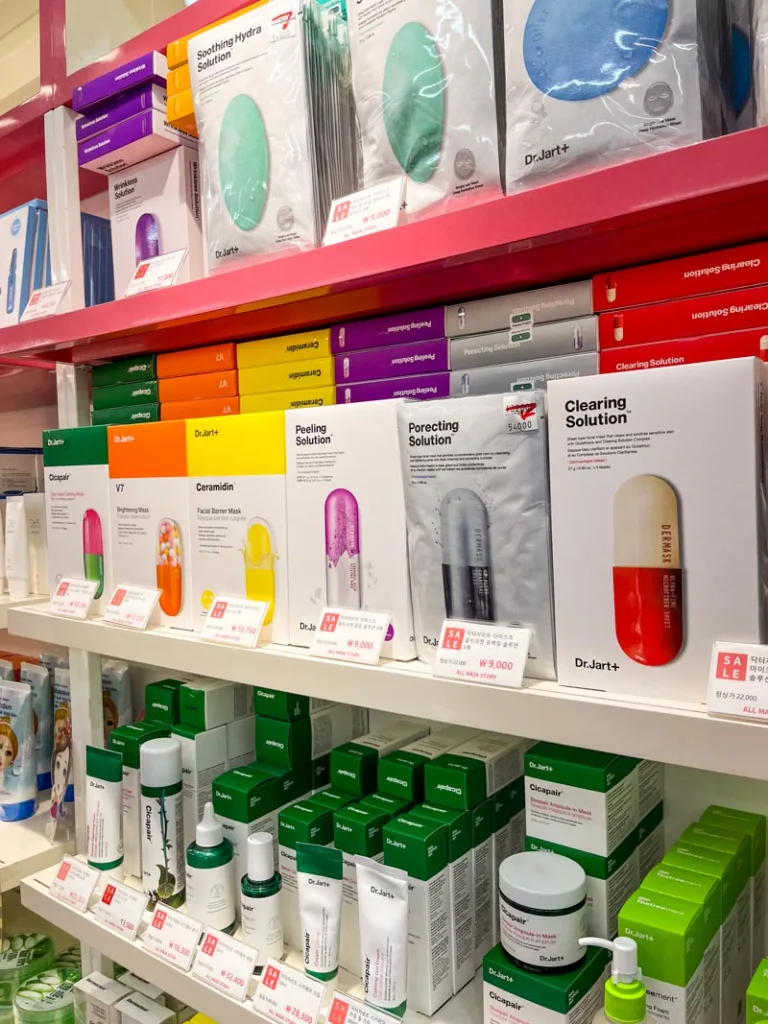 shelves of dr. jart skincare at a discount korean skincare shop in seoul