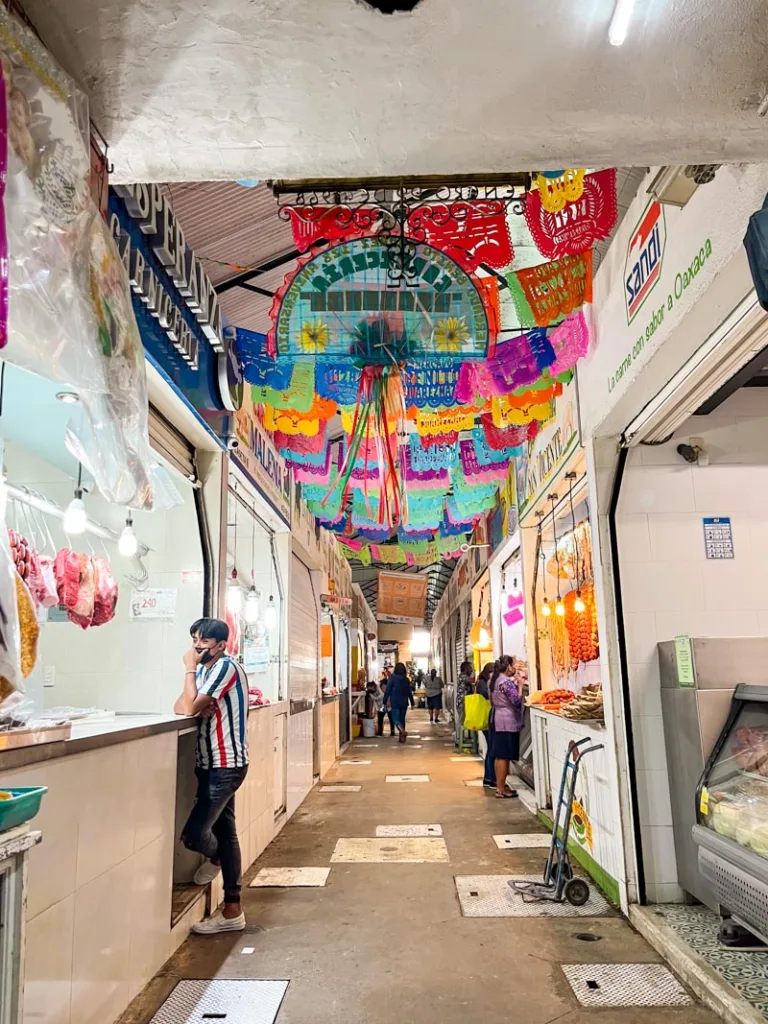 indoor market alley with colorful papel picado dangling above at mercado 20 de noviembre in oaxaca city