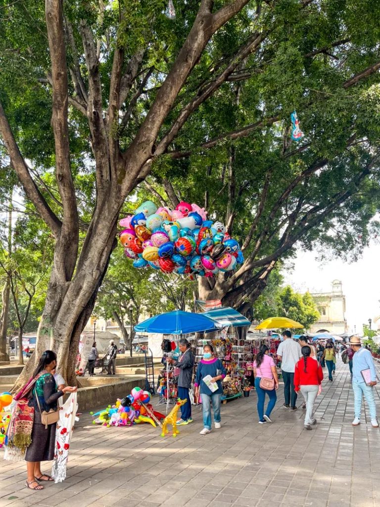 busy square in oaxaca city with people walking and a balloon seller