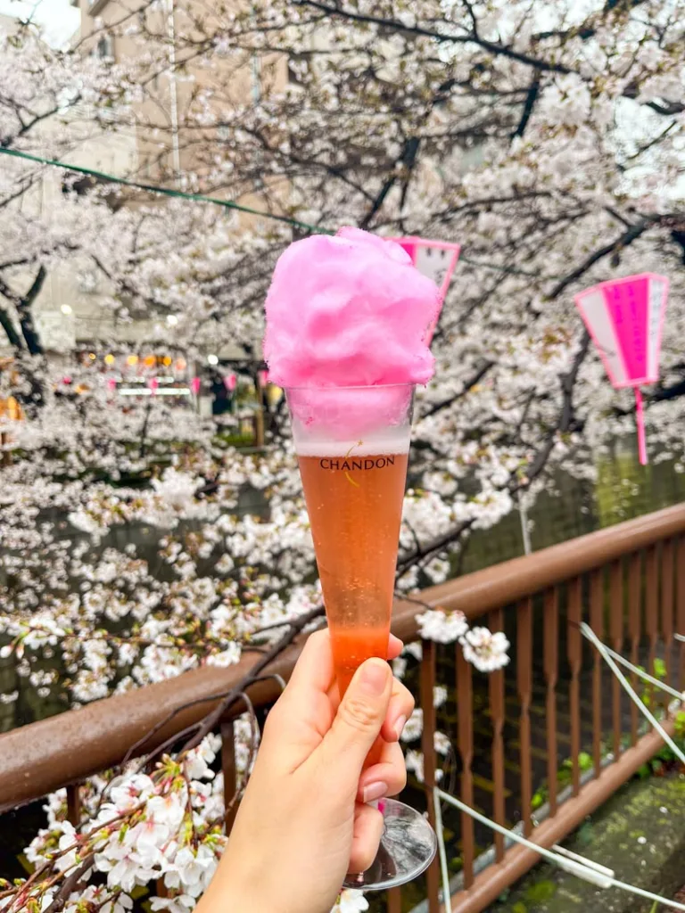 Hand holding a glass of rose with a pink cotton candy on top at the Cherry Blossom Festival in Meguro River