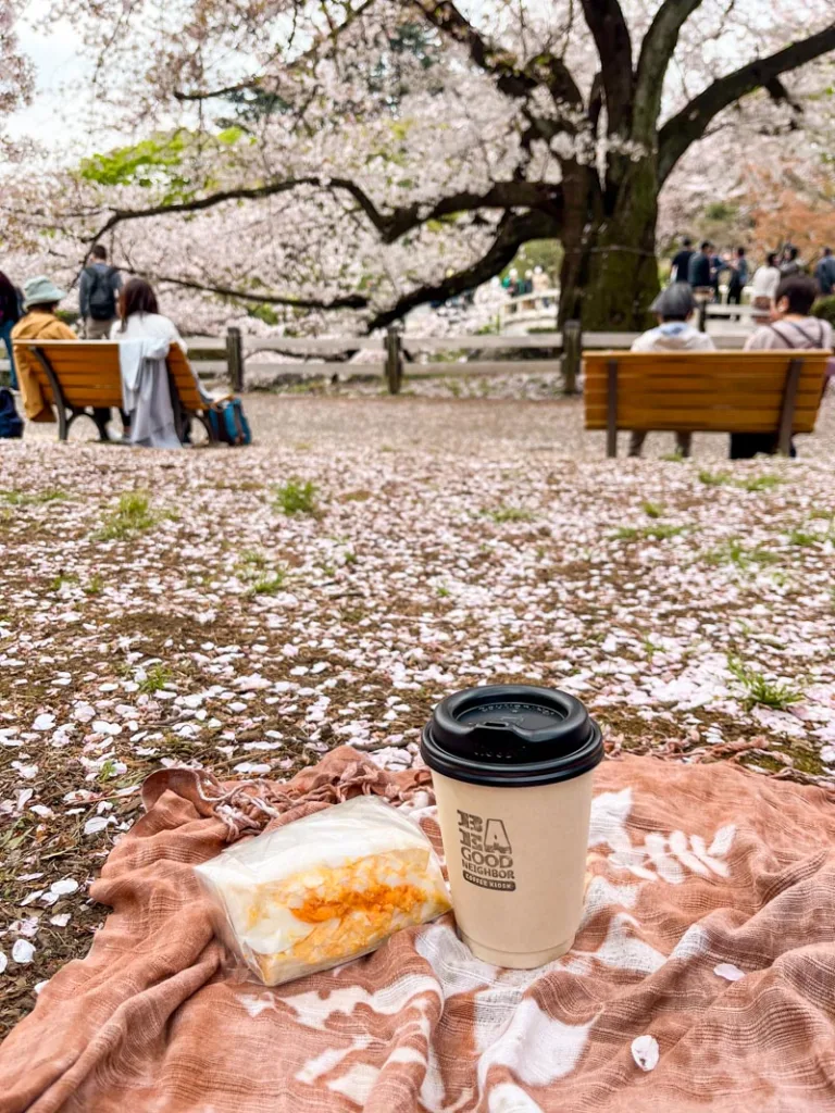 A picnic blanket with an egg sandwich, a to-go coffee cup, under the cherry blossom branches at Shinjuku Gyeon National Garden