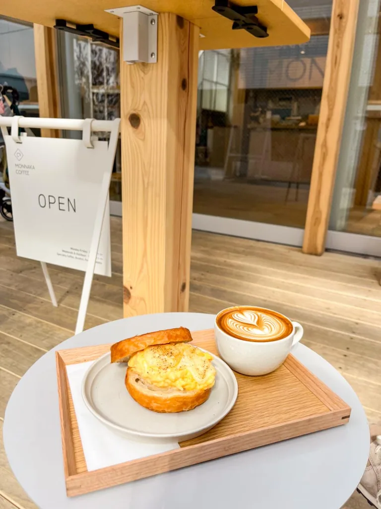 a latte and an egg sandiwch at monnaka coffee shop in tokyo