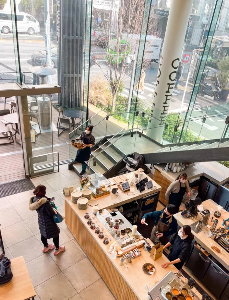 birds eye view of verve coffee shop bar from the second floor balcony