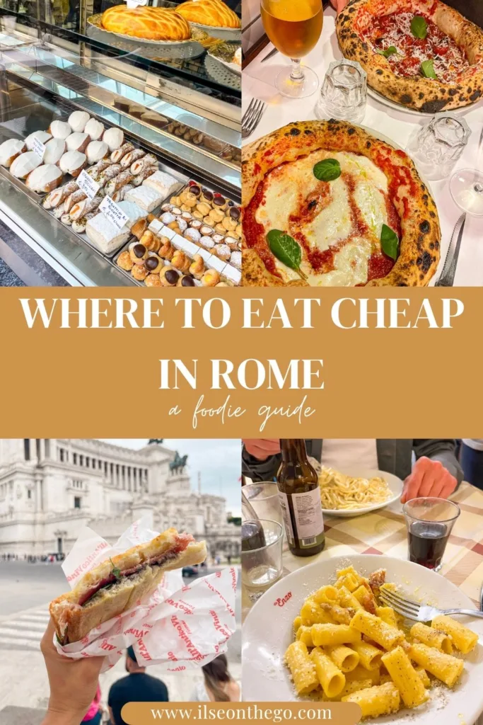 a picture collage of places to eat cheap in rome