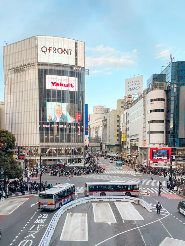 panoramic view of the famous shibuya crossing in tokyo from shibuya's station second floor