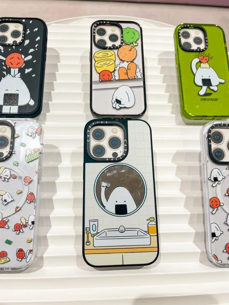 onigiri-themed phone cases at a casetify shop in tokyo
