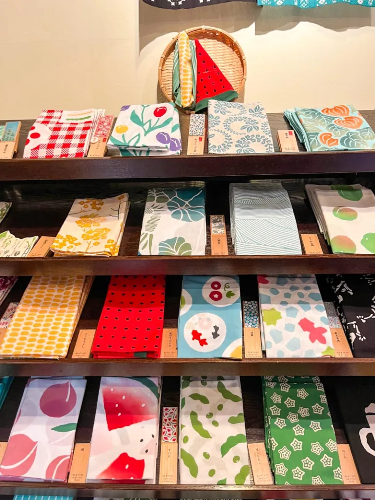 furoshiki fabrics on display at a shop in tokyo