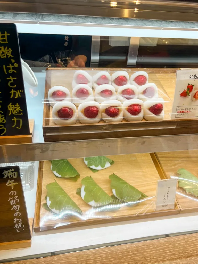 strawberry daifuku on display at Taiyaki Kanda Daruma in tokyo