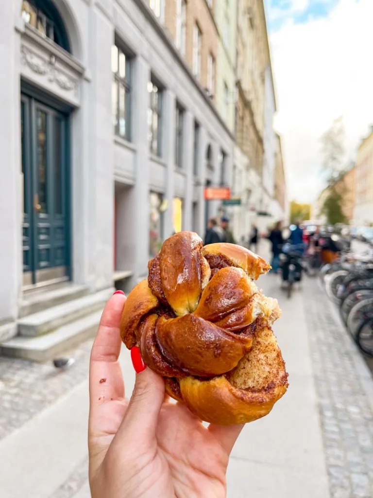 hand holding a bitten cinnamon roll from meyers bakery in copenhagen