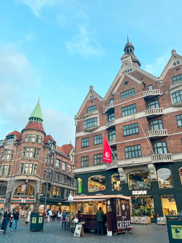 cute danish buildlings on stroget street in copenhagen