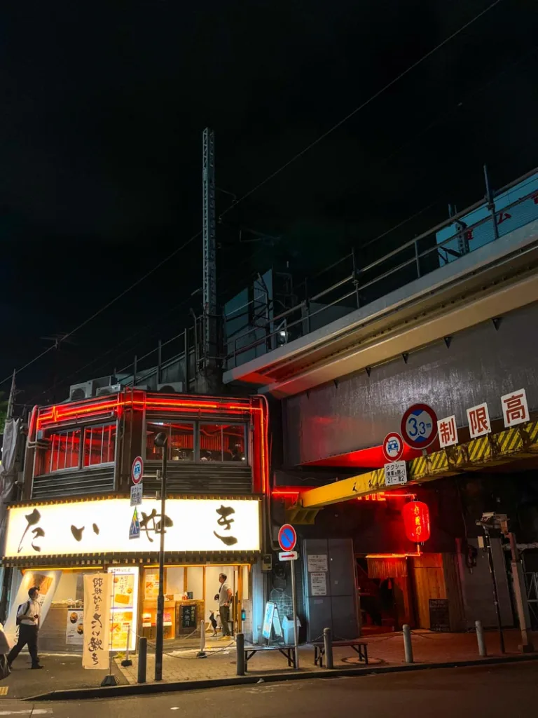 lit up facade of japanese sweet shop in tokyo at night