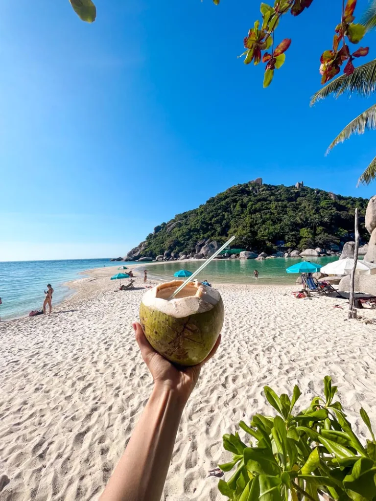 hand holding a coconut with a view of a nearly empty beach at the back in koh tao, thailand