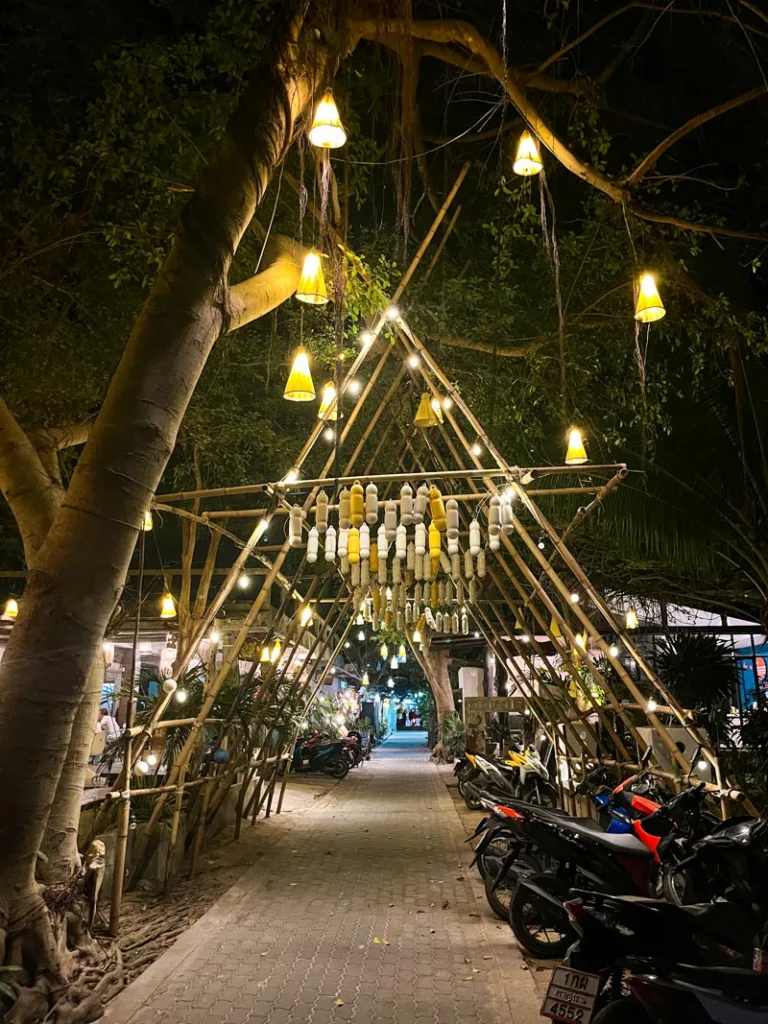 warm lights hanging from tree branches on a pedestrian street at night in koh tao, thailand