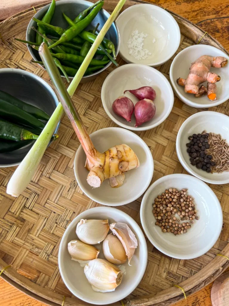 small plates with spices and some vegetables to prepare a thai curry at a cooking class in koh tao, thailand