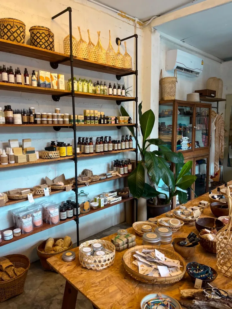 shelves packed with lotions, sprays and sopas at a boutique shop in koh tao, thailand