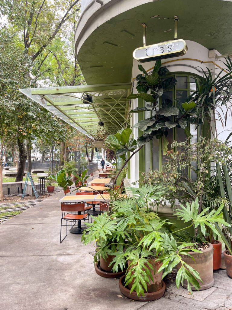 cute cafe with outdoor tables surrounded by greenery in la roma, the best area in mexico city to stay
