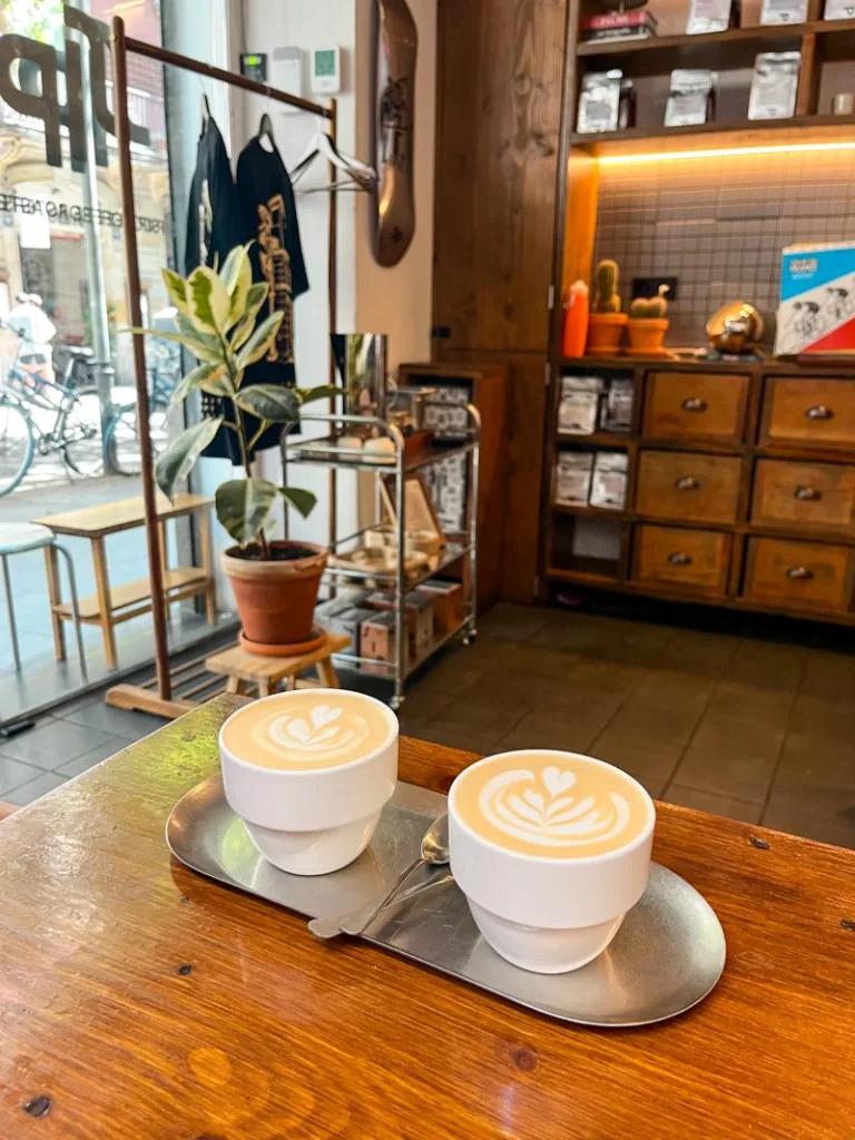 two capuccinos served on a small metal tray, on a dark wood table at sip coffee roasters in barcelona
