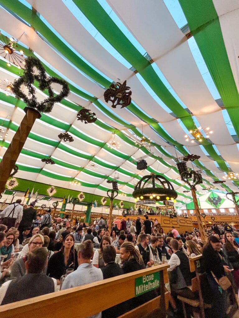 Inside a beer hall at Oktoberfest in Munich