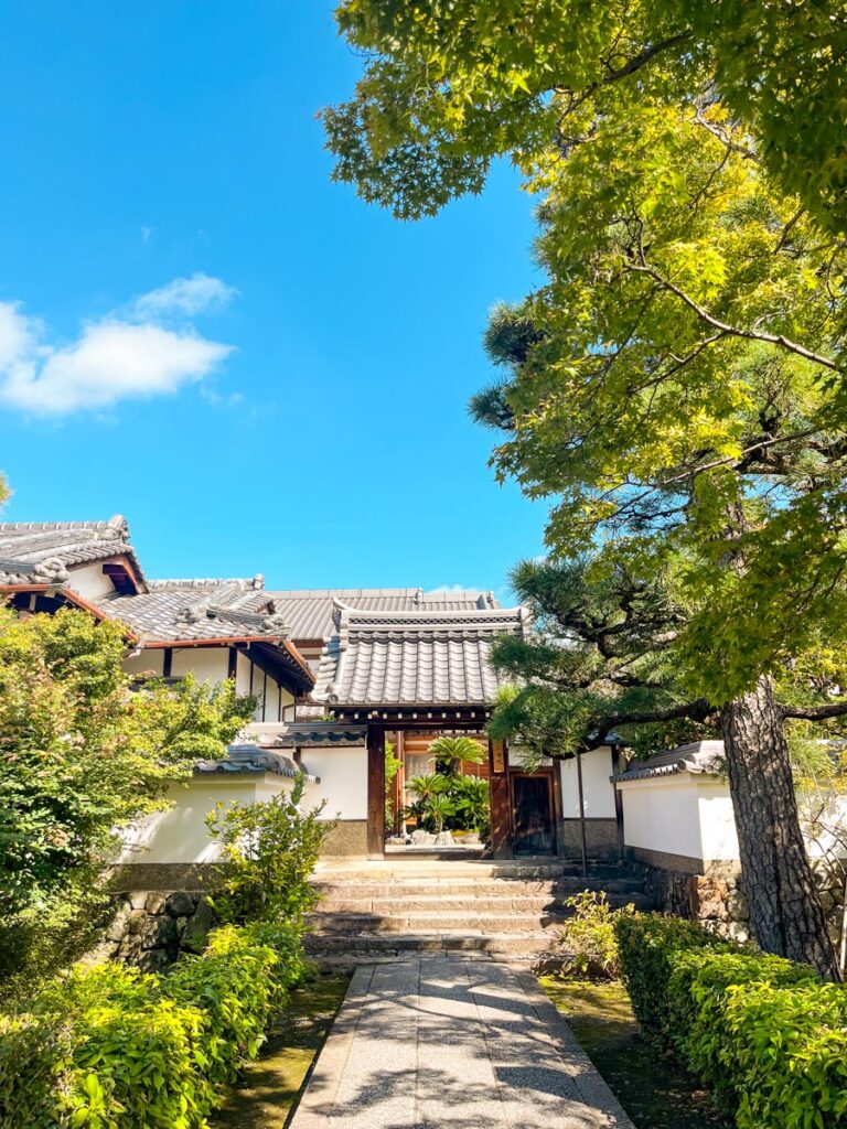 Lush trees framing the entrance of a temple in Kyoto