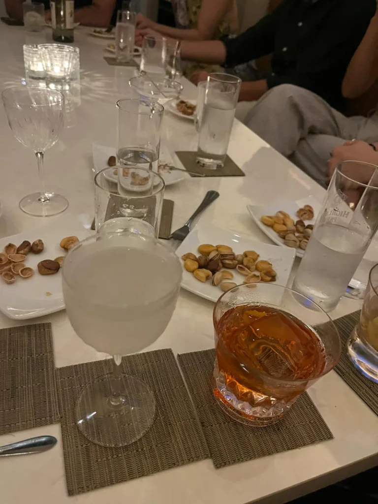 Long table with drinks at Bar Kadom in Osaka