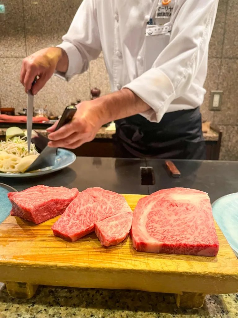 A wooden board with raw kobe beef in Kobe Japan