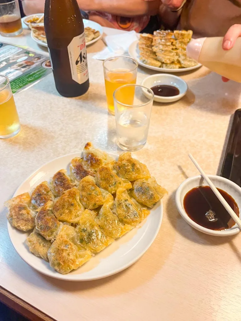 plate of tiny gyozas at tenpei gyoza restaurant in osaka
