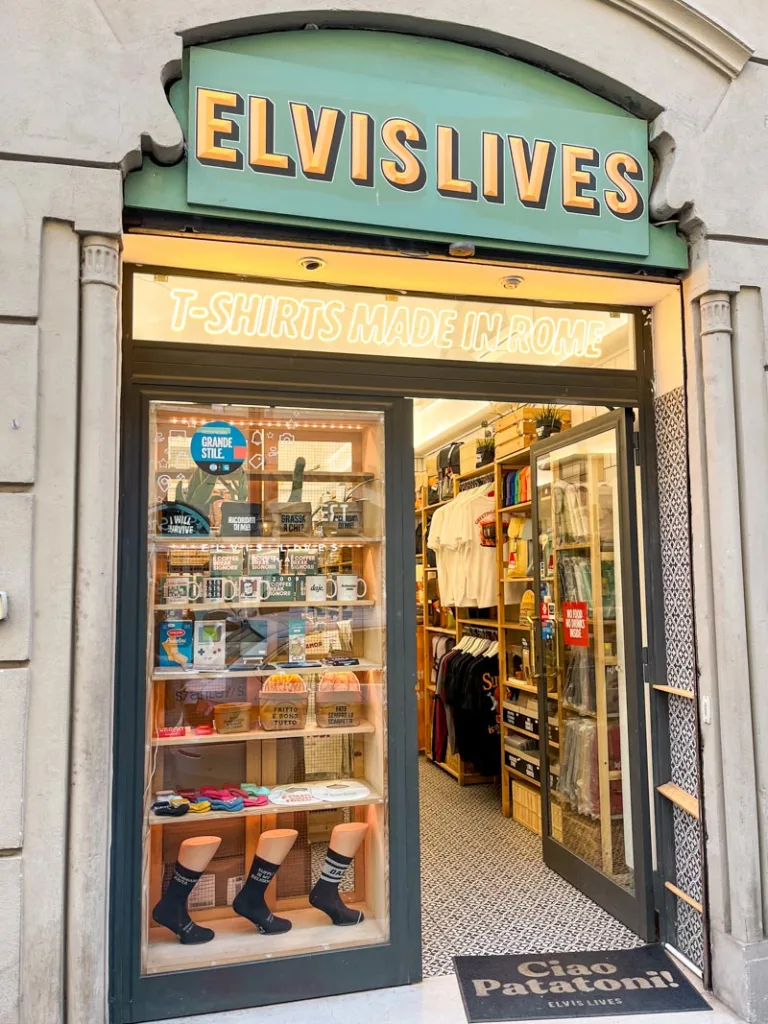 Facade of the colorful Elvis Lives independent shop in Trastevere