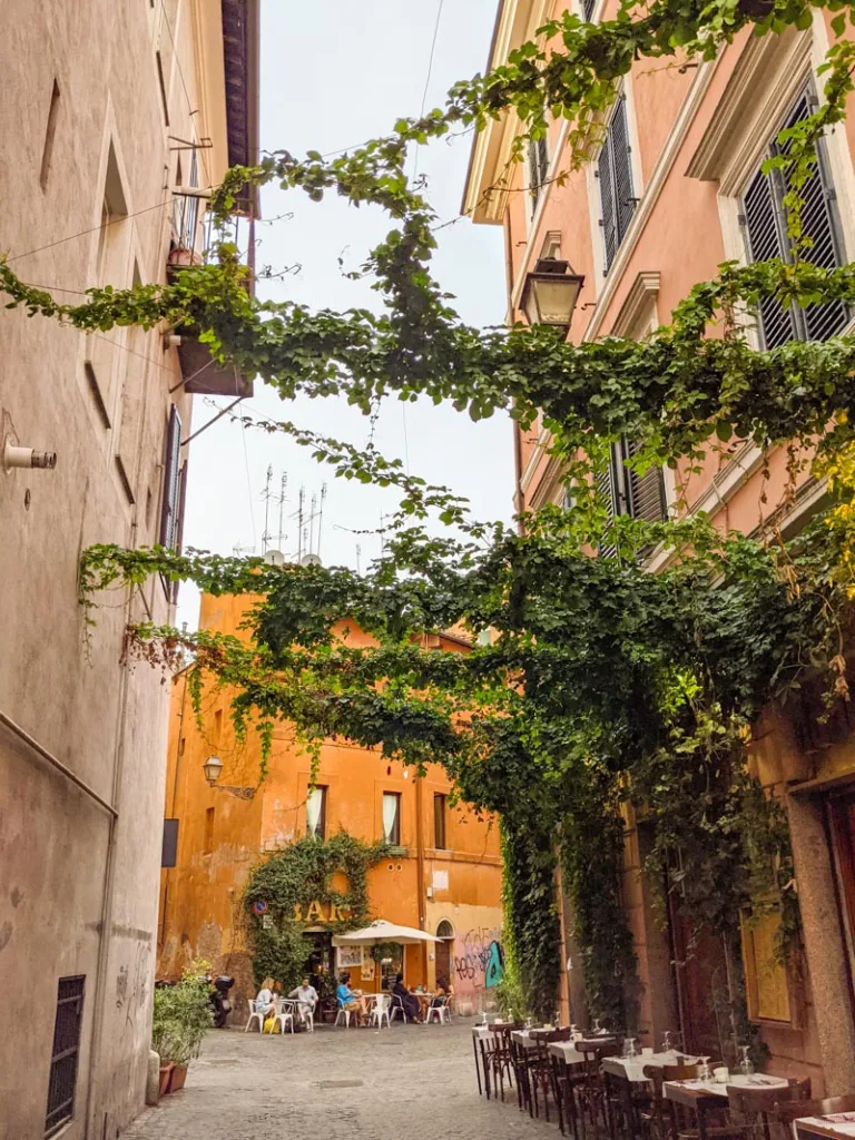 Cozy outdoor café on a vine-covered alley in Trastevere, Rome.