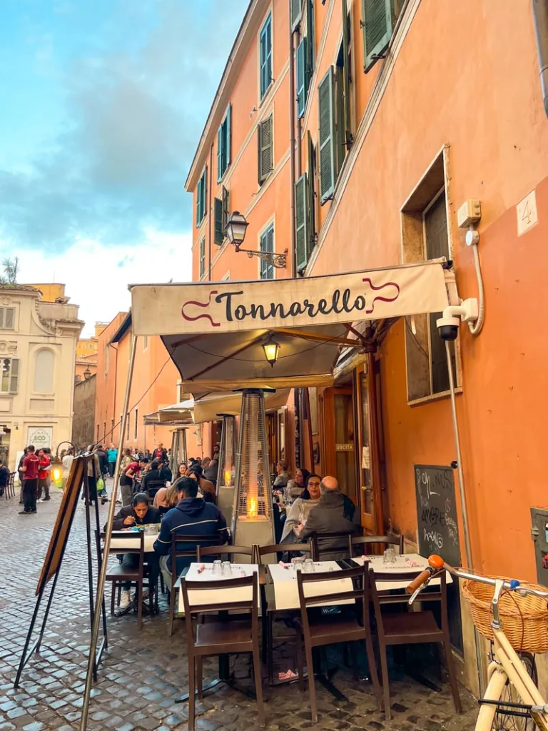 Outdoor tables at Tonarello restaurant in Trastevere