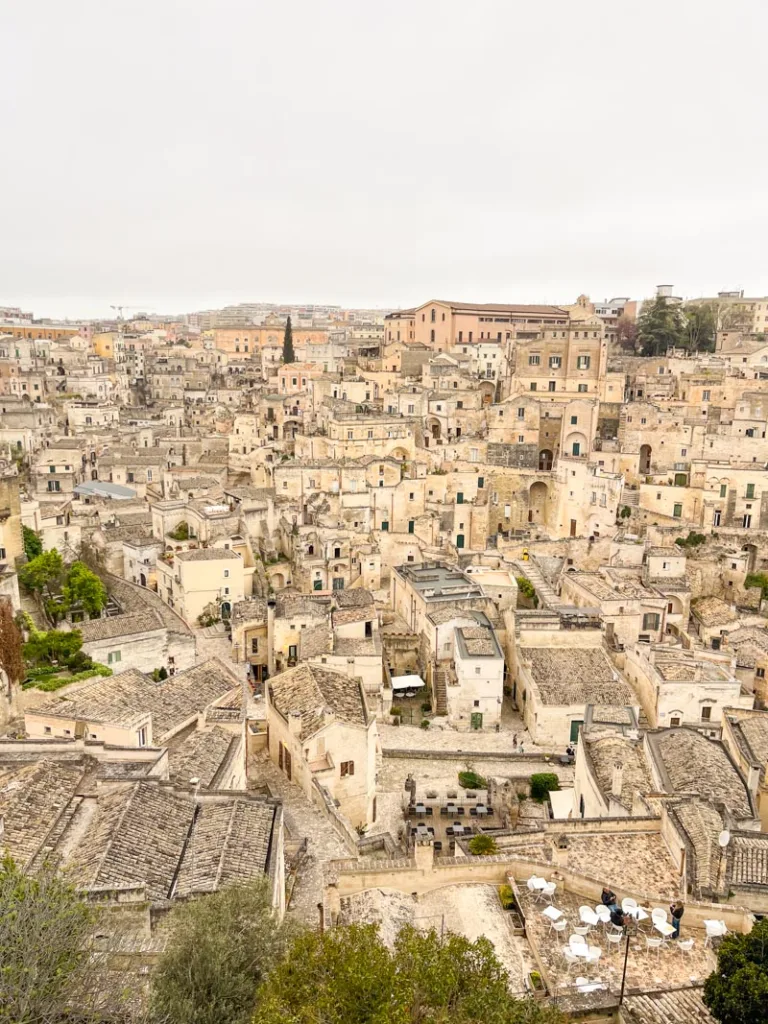 Panoramic view of the cream colored cave houses in Matera, Italy
