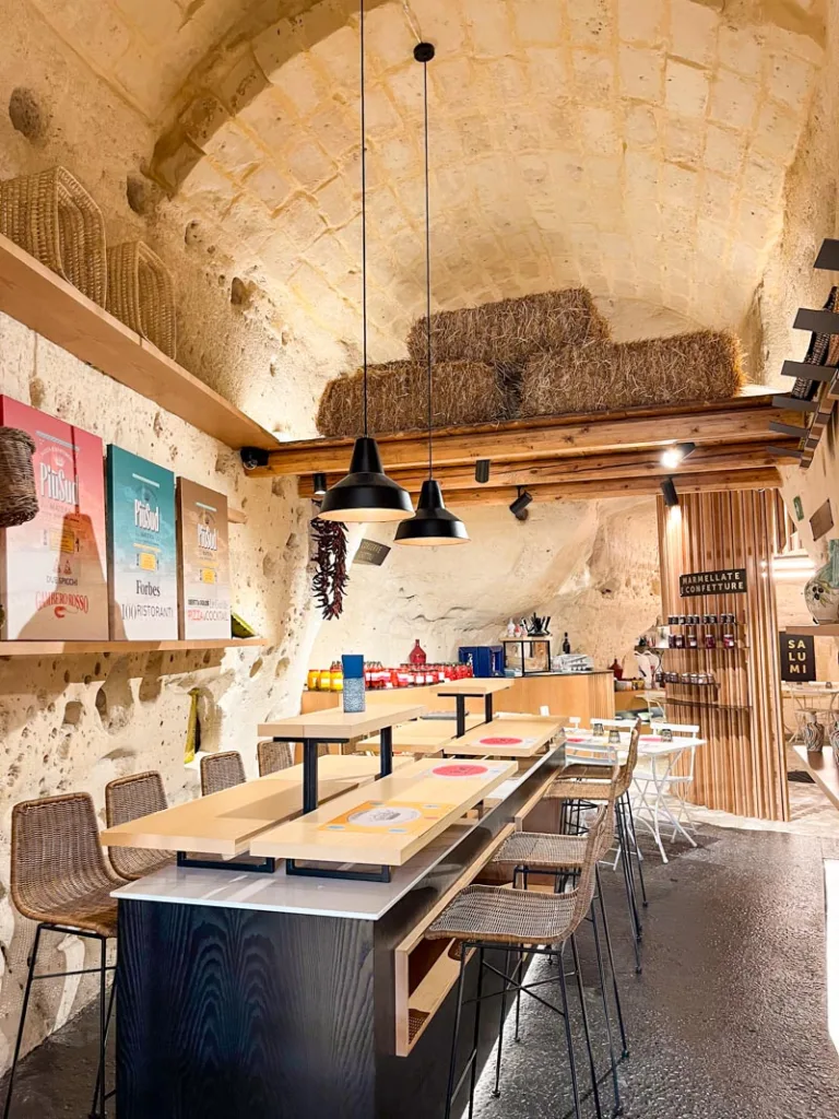 Modern cave restaurant at Piu Sud Pizzeria in Matera, Italy
