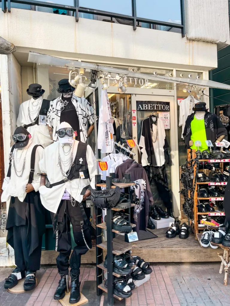 Alternative clothes display outside a shop at Takeshita Street in Shibuya