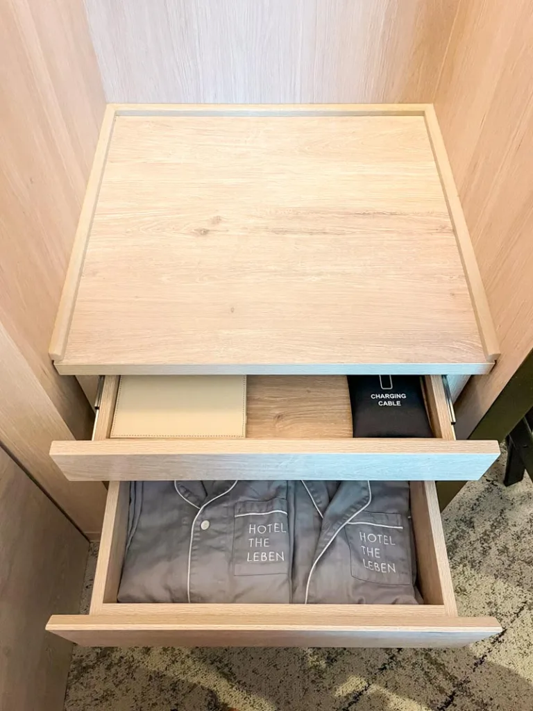 Drawers with pajamas at The Leben Hotel in Osaka, one of the best places to stay in Osaka for first time travellers