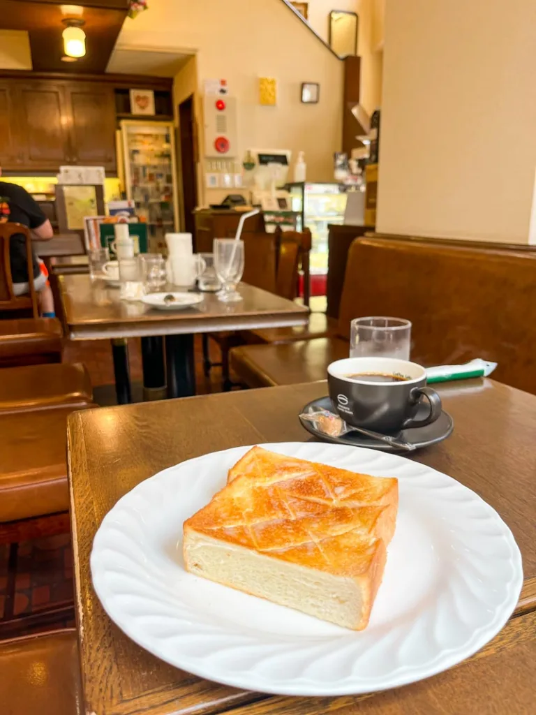 thick, fluffy buttered toast at a local kissaten in osaka, japan