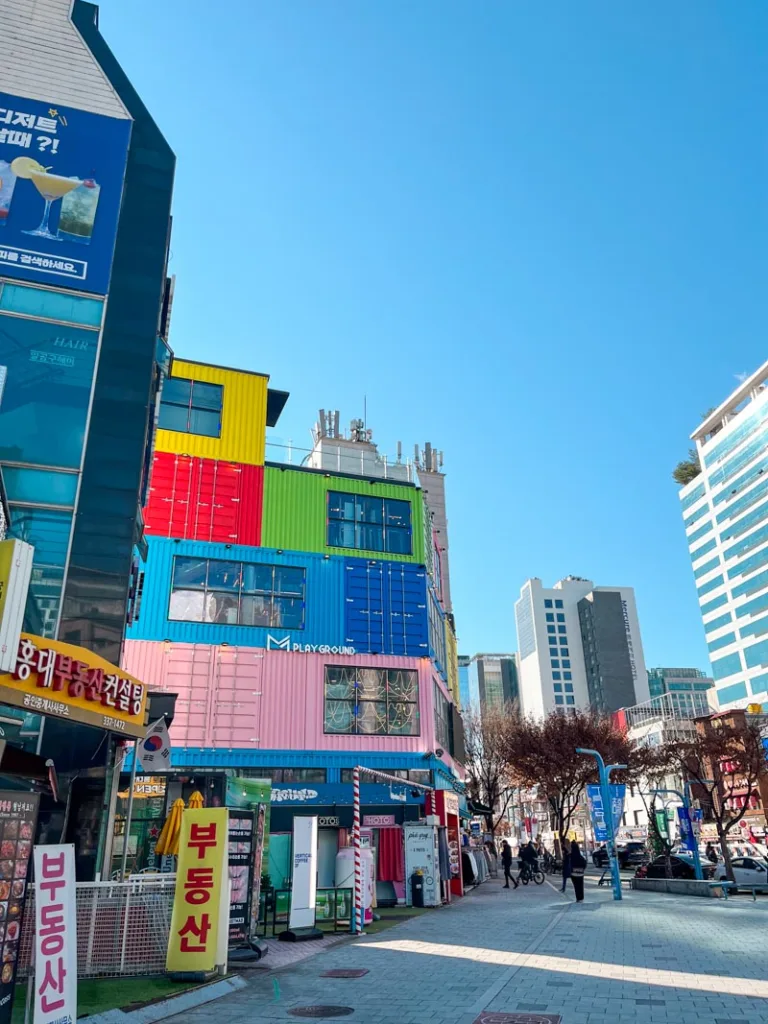colorful container buildings in the young hongdae neighborhood in seoul