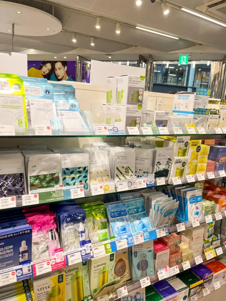 aisles packed with skincare masks at Olive Young in Myeongdong