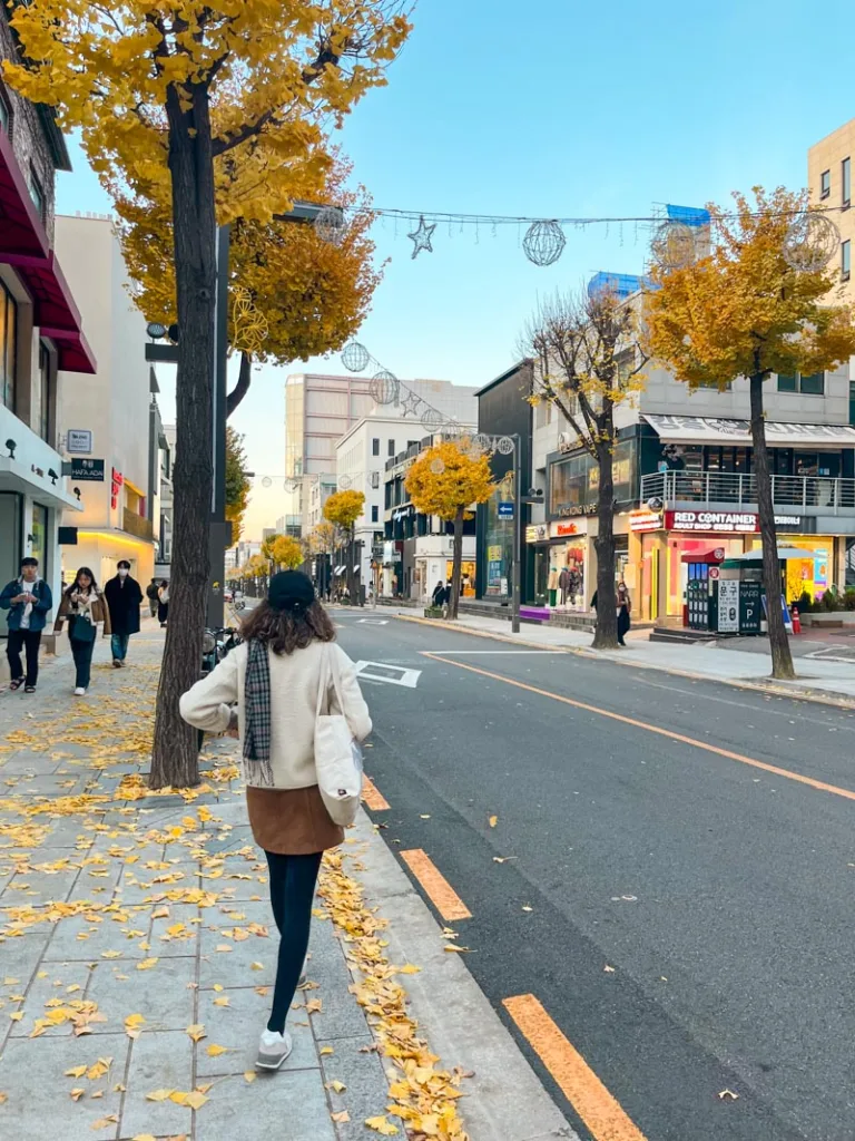 woman walking along the main avenue of seongsudong lined with ginko trees and shops
