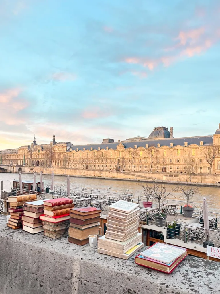 stacks of books by the river seine in paris