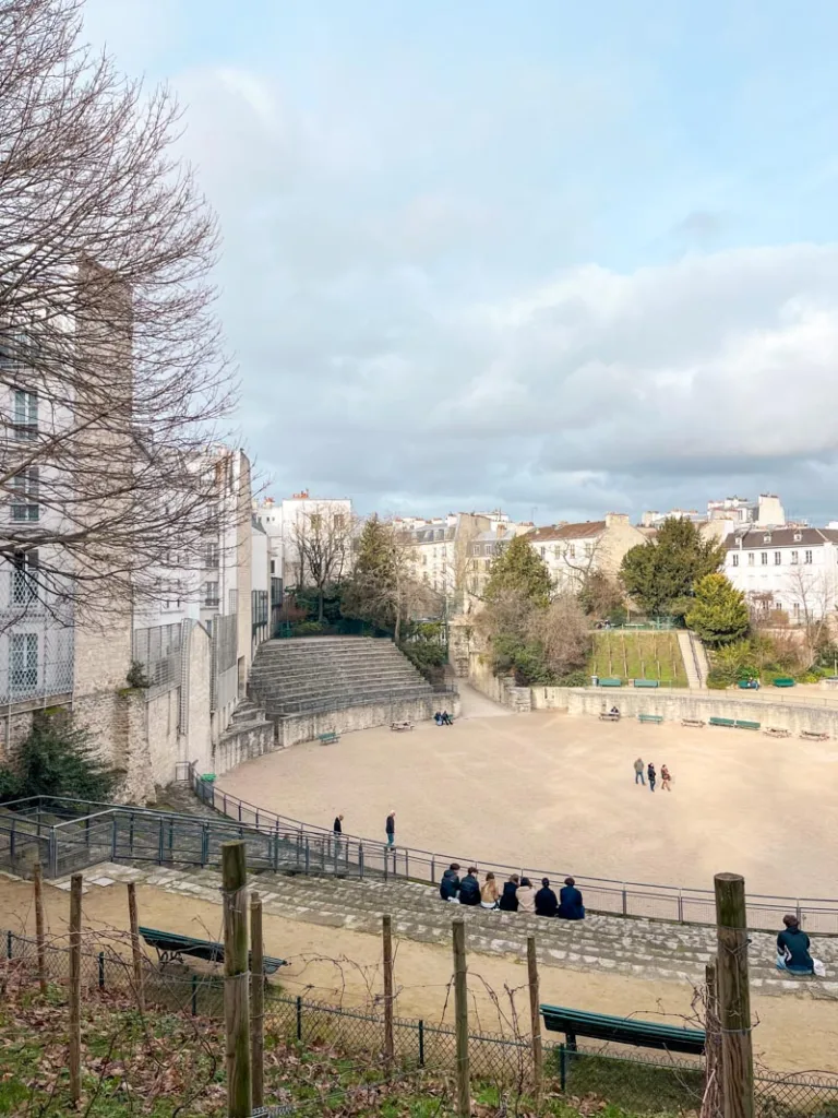 view of the round ancient roman amphitheatre in the latin quarter, paris
