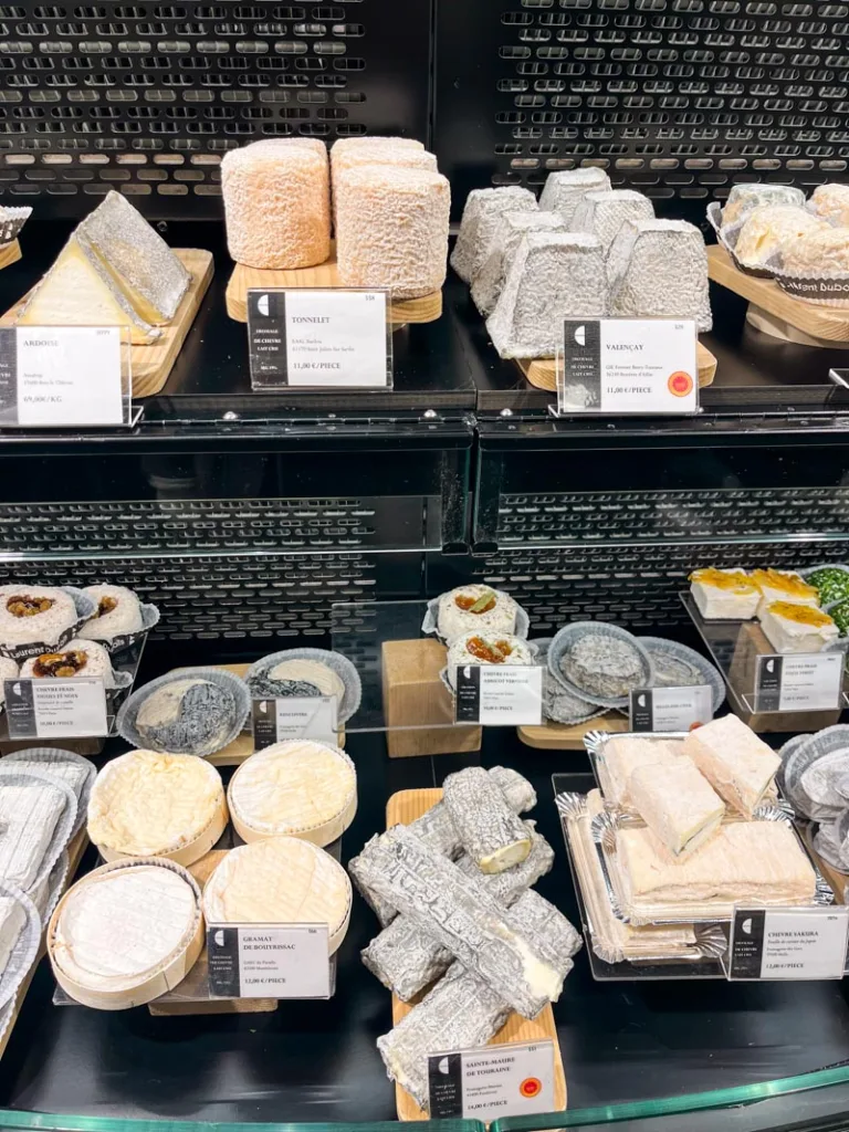 cheese display at a local shop in paris