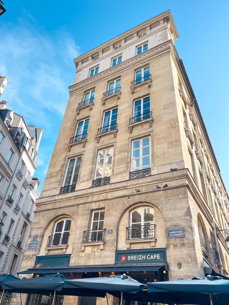 facade of breizh cafe odeon in the latin quarter in paris