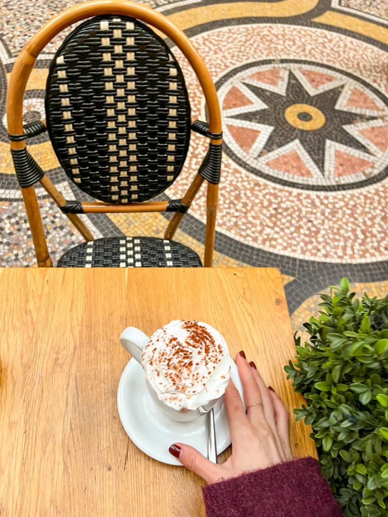 a cup of hot chocolate with whipped cream on top at le valentin cafe in the galerie vivienne in paris