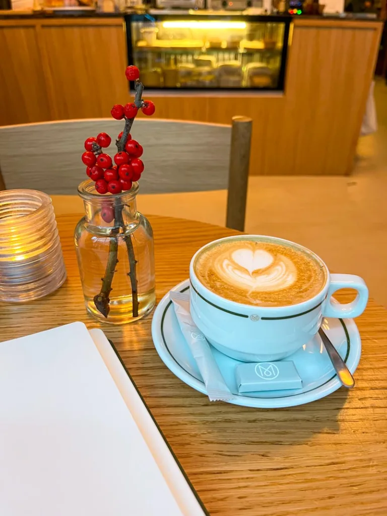 a cappuccino cup on a table at monocle cafe in paris