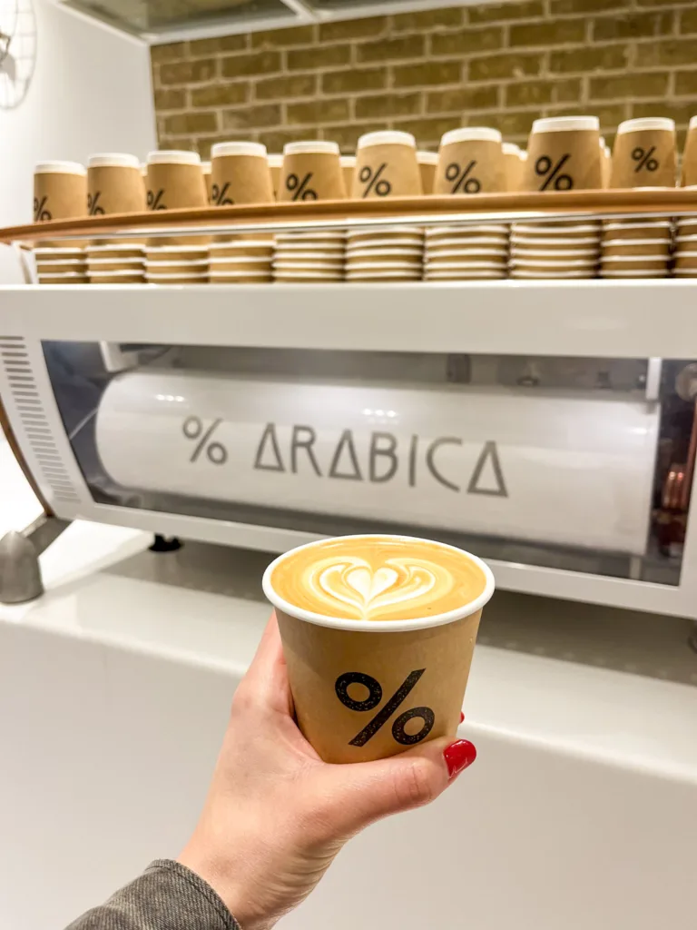 hand holding a to-go coffee cup from %arabica, a coffee shop in la condesa